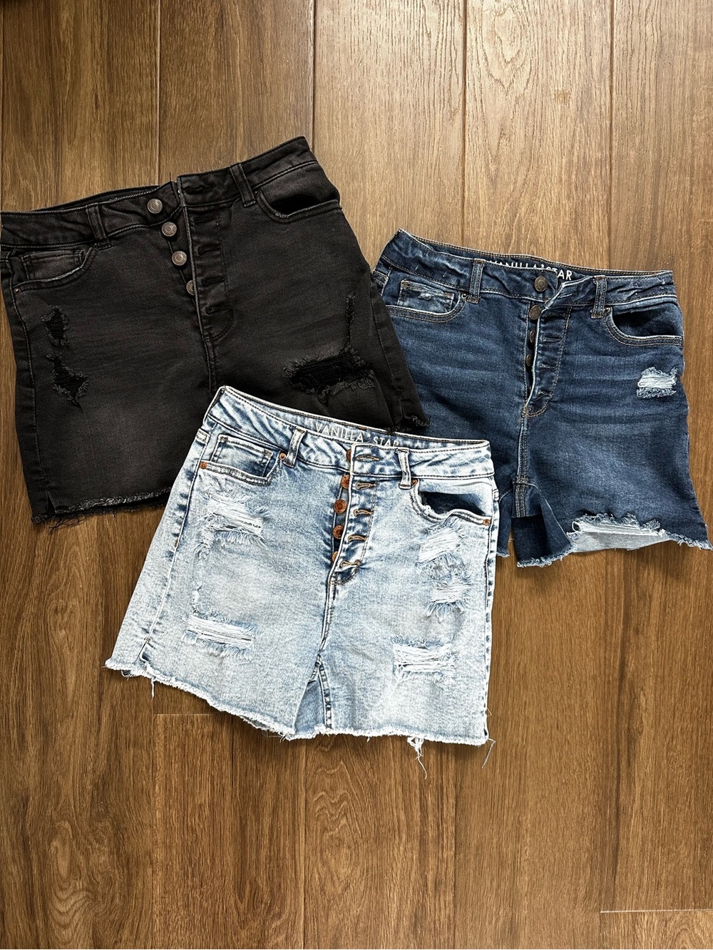 Bundle of 3! Vanilla Star Raw Hem Button-Fly Shorts in Black, Medium, and Light